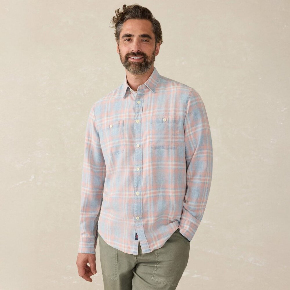 Faherty Men's Tried & True Chambray Workshirt - Coral Bay Plaid M